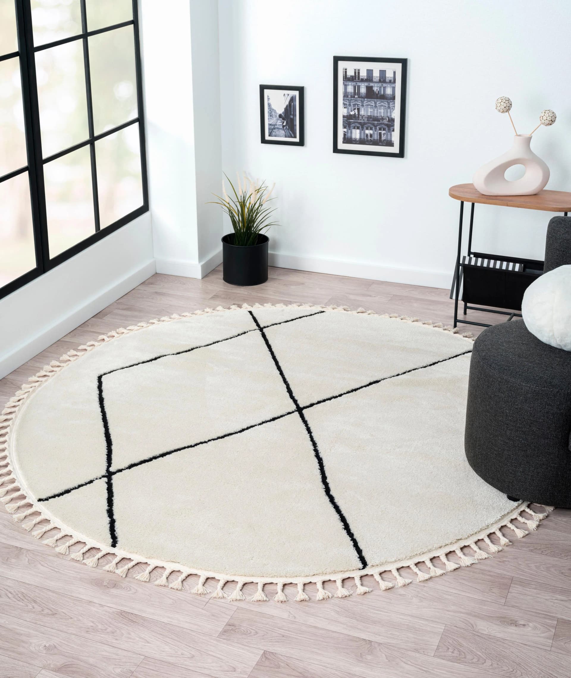 MyFlair Teppich Moroccan Signature Schwarz-Weiß Hochflor Rund