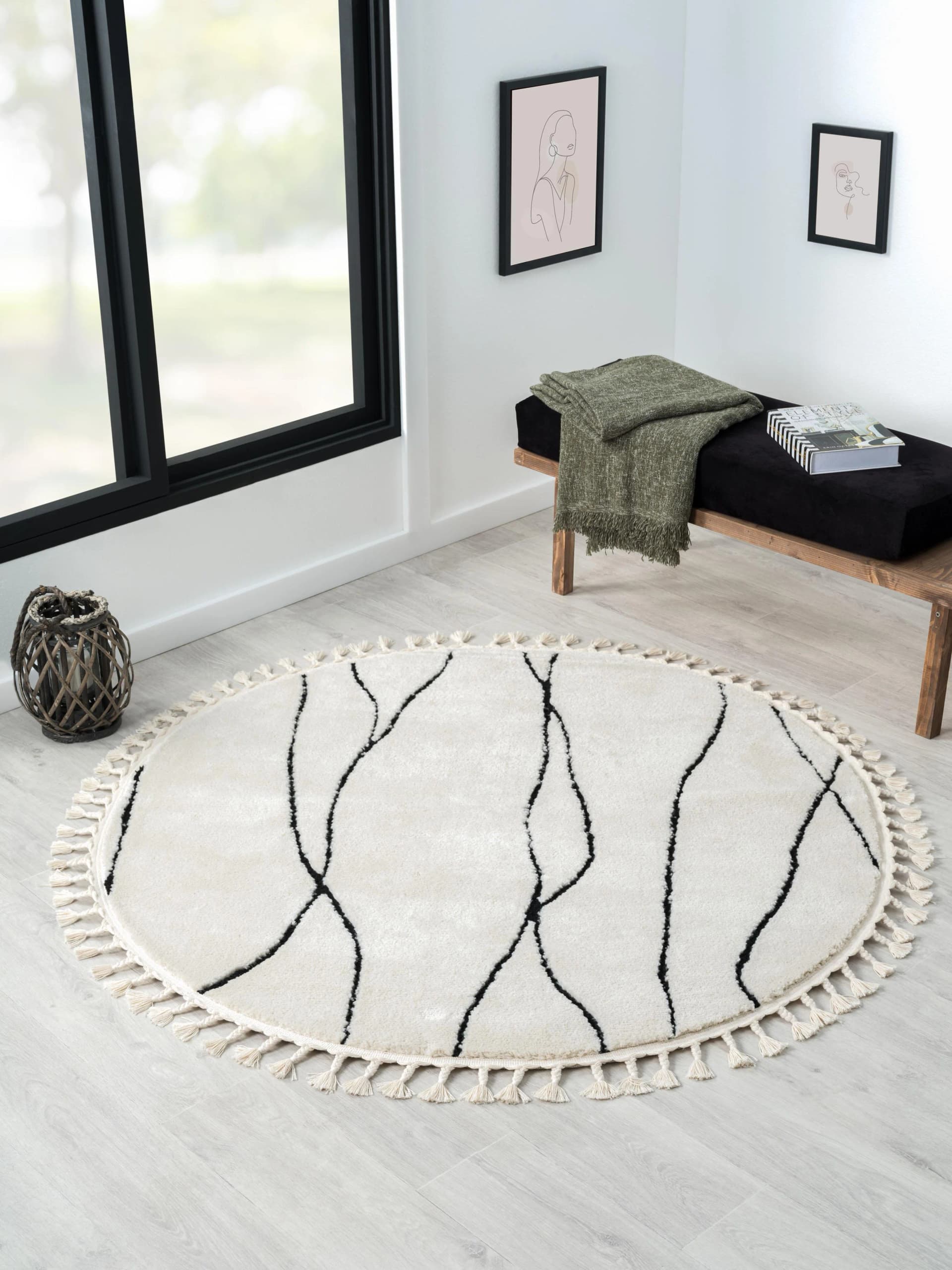 MyFlair Hochflor-Teppich Moroccan Handwrite Schwarz-Weiß Rund