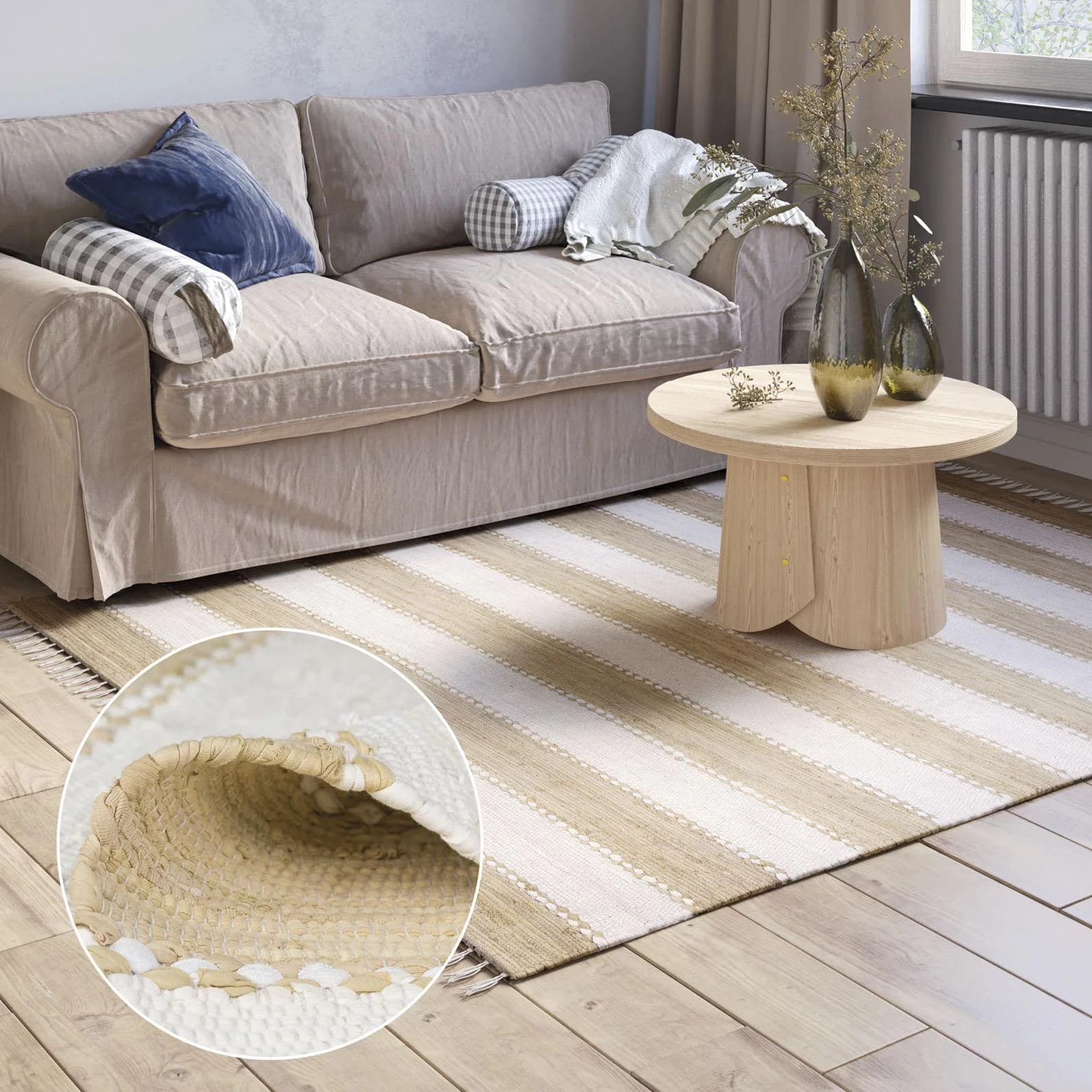 MyFlair Teppich Karim Handgewebt Beige Weiß Gestreift