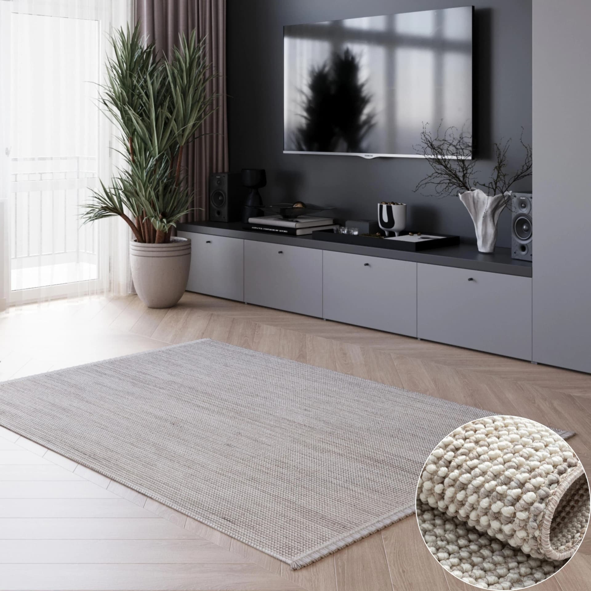 Landhausstil Teppich in Polyester, Sisal-Optik, grau, hellgrau, beige, creme