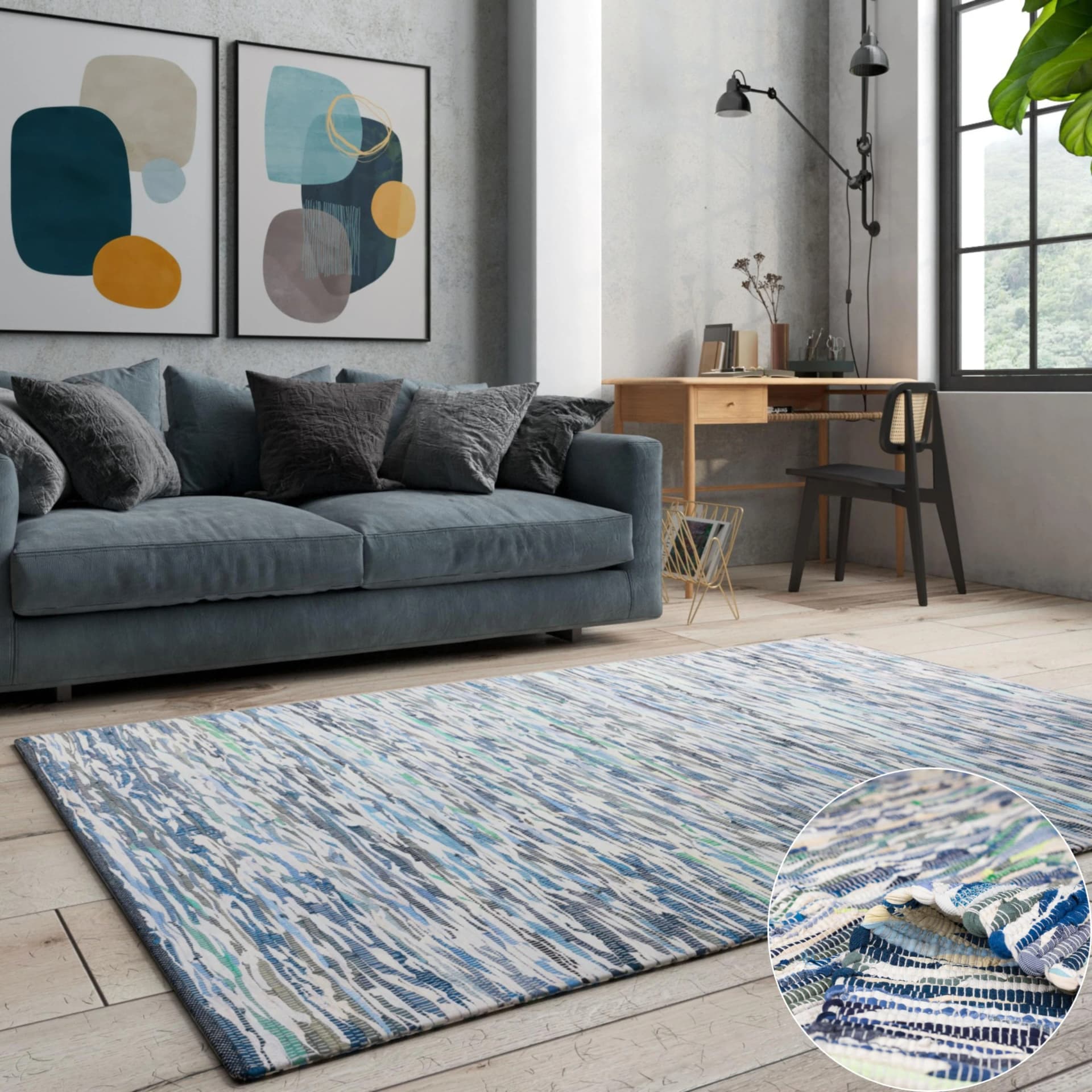 OTTO HOME Teppich Bente Handgewebt Blau Grau Mix 60x110cm