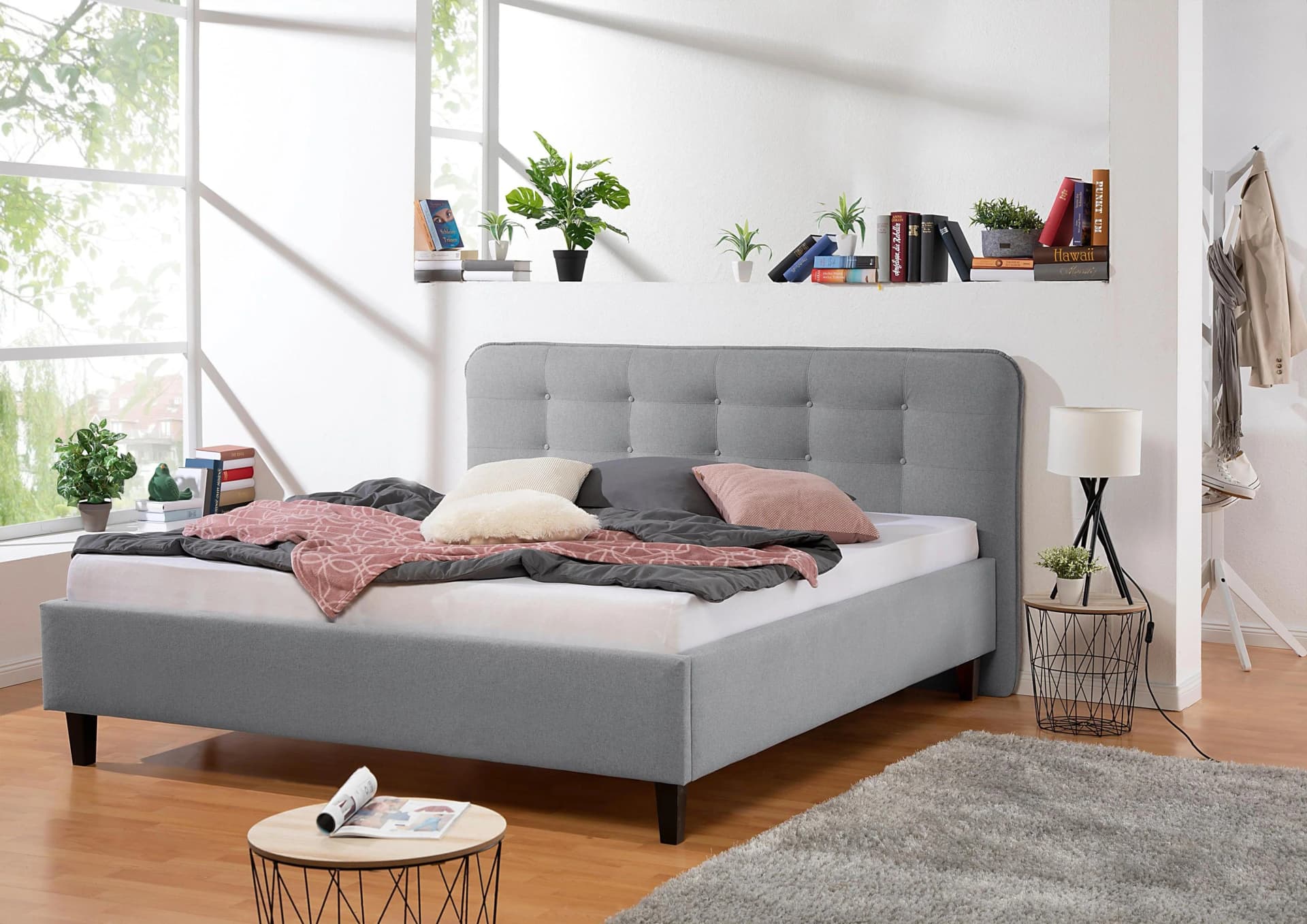 Polsterbett MAINTAL Livermore Grau mit Knopfsteppung