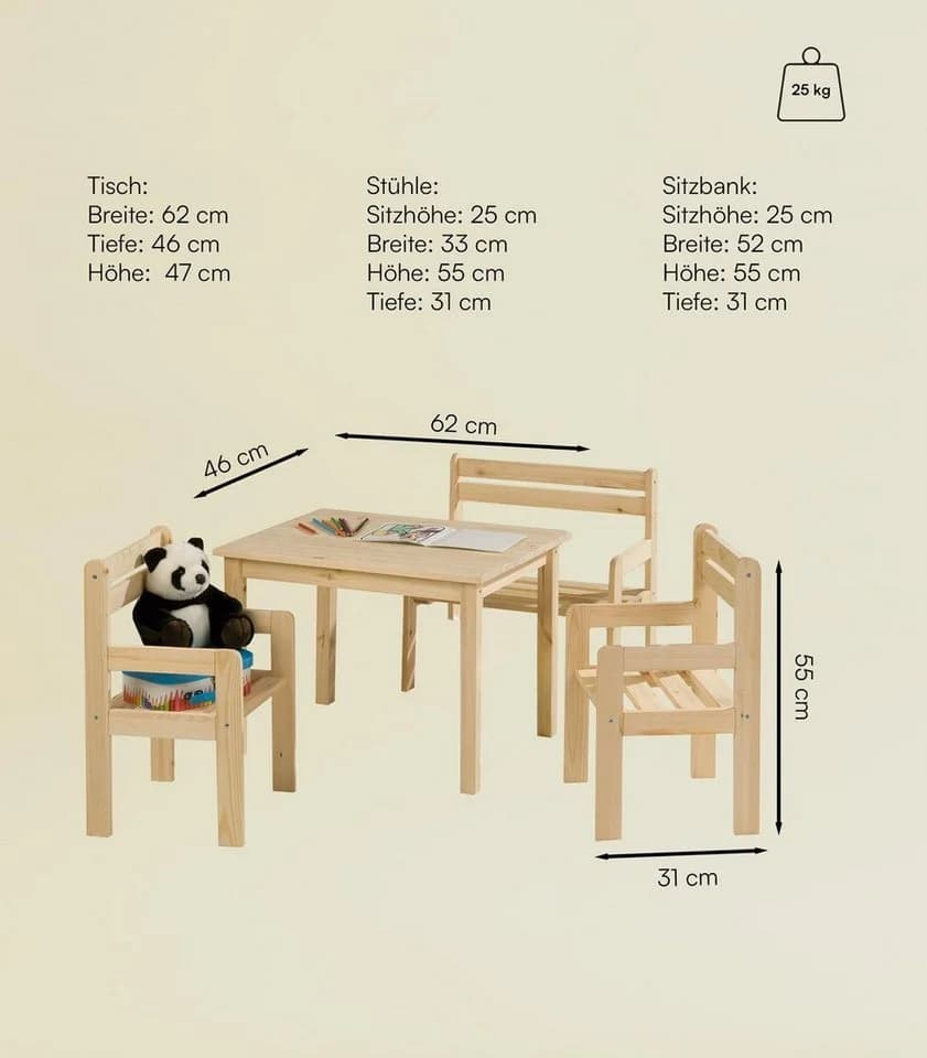 Home4You Kindersitzgruppe 4-teilig Kiefer Braun Massivholz