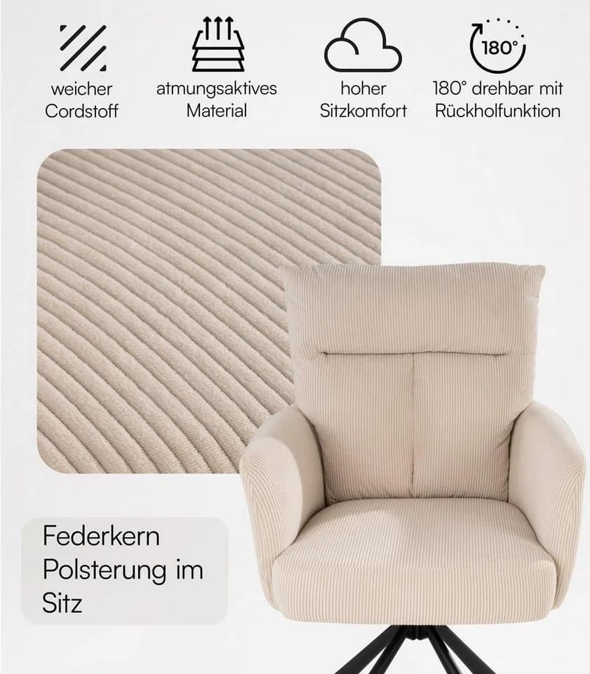 Home4You Polsterstuhl Beige Cord Metallgestell 180° drehbar - Bild 5