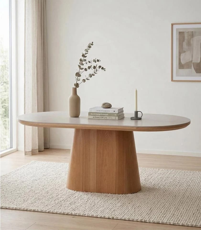 Home4You Ovaler Esstisch Weiß Hellbraun Keramik MDF