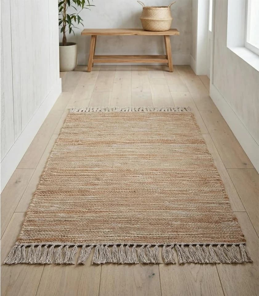 Home4You Handwebteppich Beige Weiß Meliert Quasten