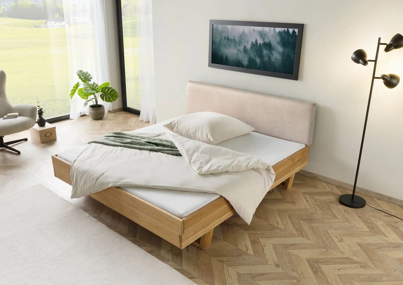 Massivmoebel24 Massivholzbett FICHTELBERG 140x200x85 cm Natur gebeizt/geölt Kopfteil beige