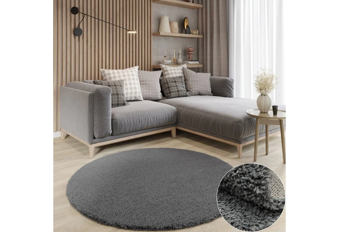 Wohnando Teppich MY-RUG Hochflorteppich Shaggy Star Grau Rund