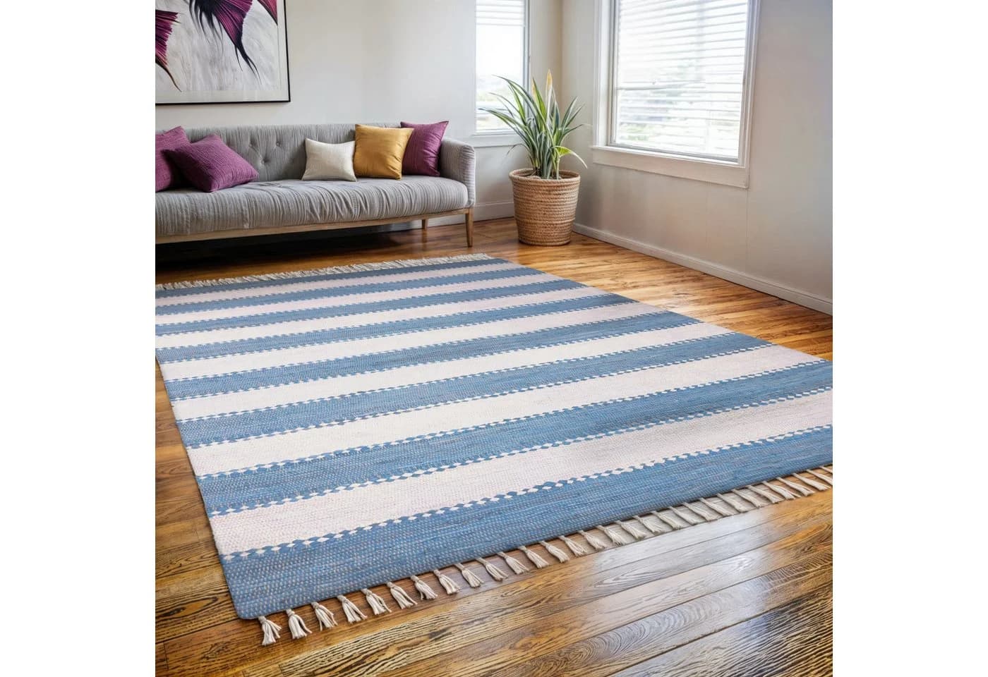 Wohnando Chindi-Teppich Aarav Hellblau-Weiß Handgewebt