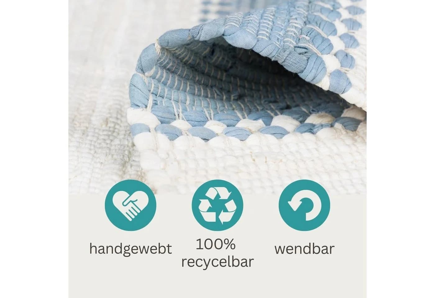 Wohnando Chindi-Teppich Aarav Hellblau-Weiß Handgewebt - Bild 4