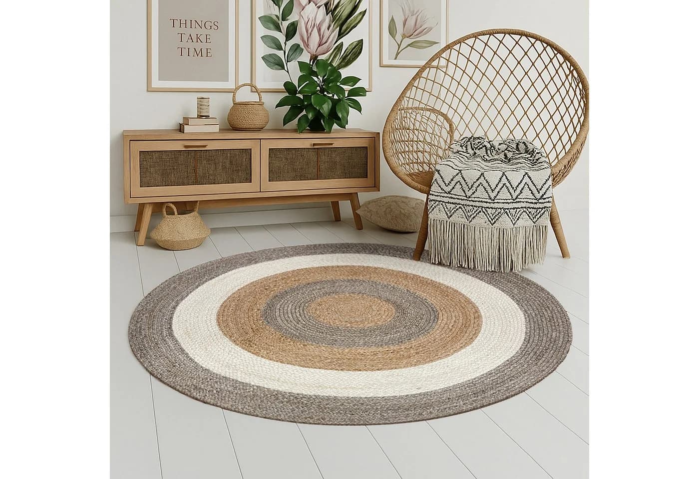 Wohnando Teppich Jute Balance Rund 100cm Handgewebt Boho