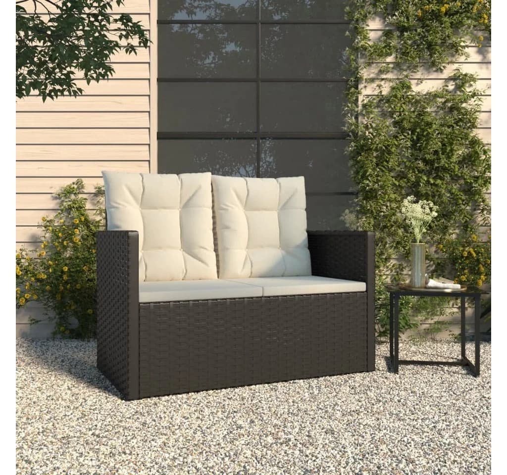 furnicato Gartenbank Schwarz mit Cremeweißen Kissen aus PE-Rattan - Bild 2