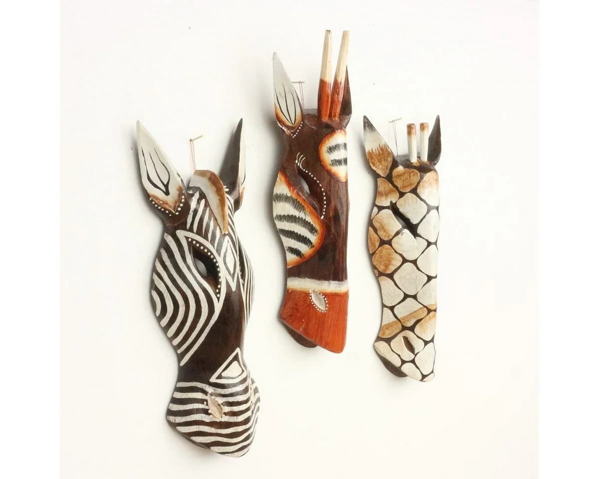 Oriental Galerie 3er Set Wandmasken Giraffe Zebra Antilope Holz