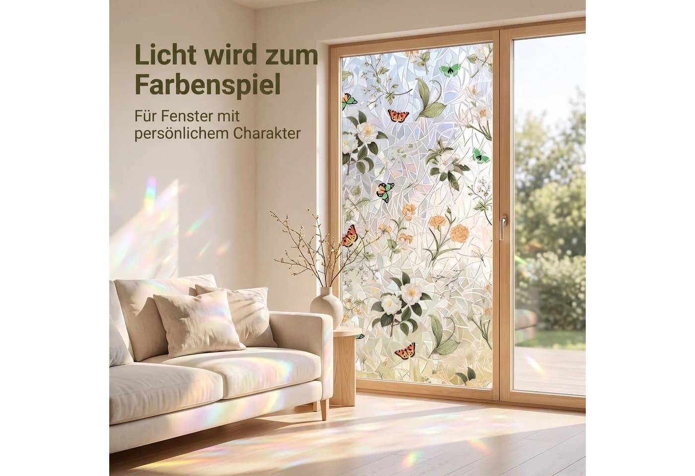 HomeBella Fensterfolie Buntglasoptik Blumen Schmetterlinge Dekorativ