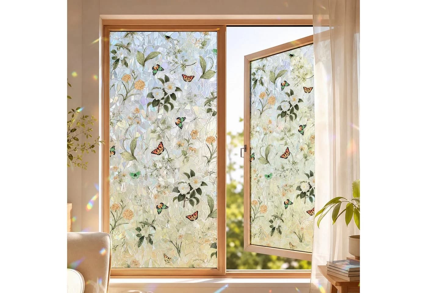 HomeBella Fensterfolie Buntglasoptik Blumen Schmetterlinge Dekorativ - Bild 2
