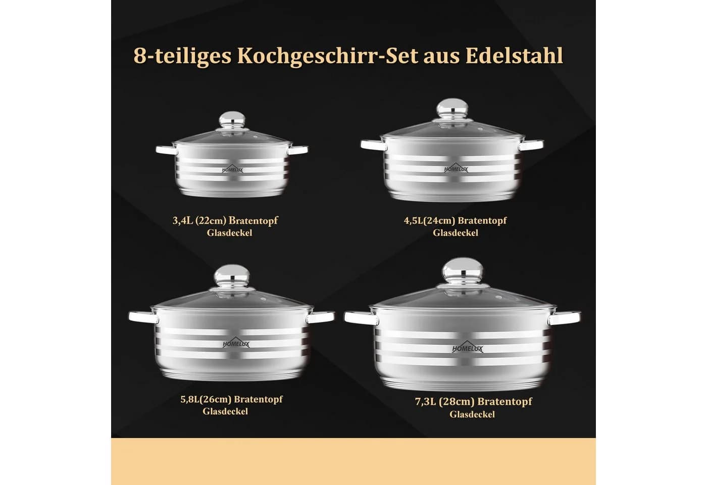 HOMELUX Topf-Set 8/10tlg. Edelstahl für alle Herdarten