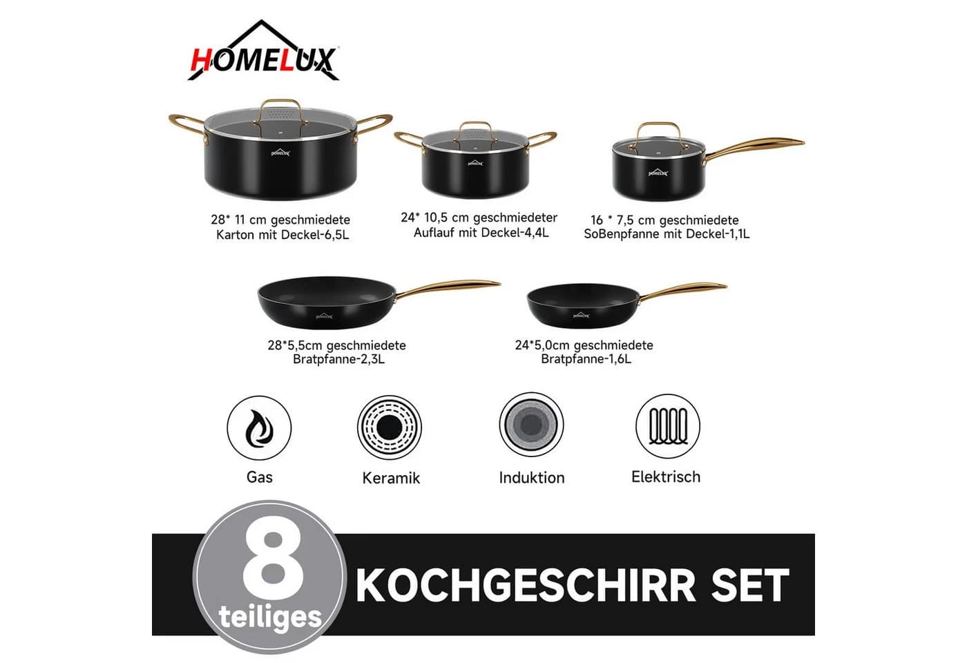 HOMELUX 8-tlg. Topf-Set Induktion Aluminiumguss Schwarz - Bild 5
