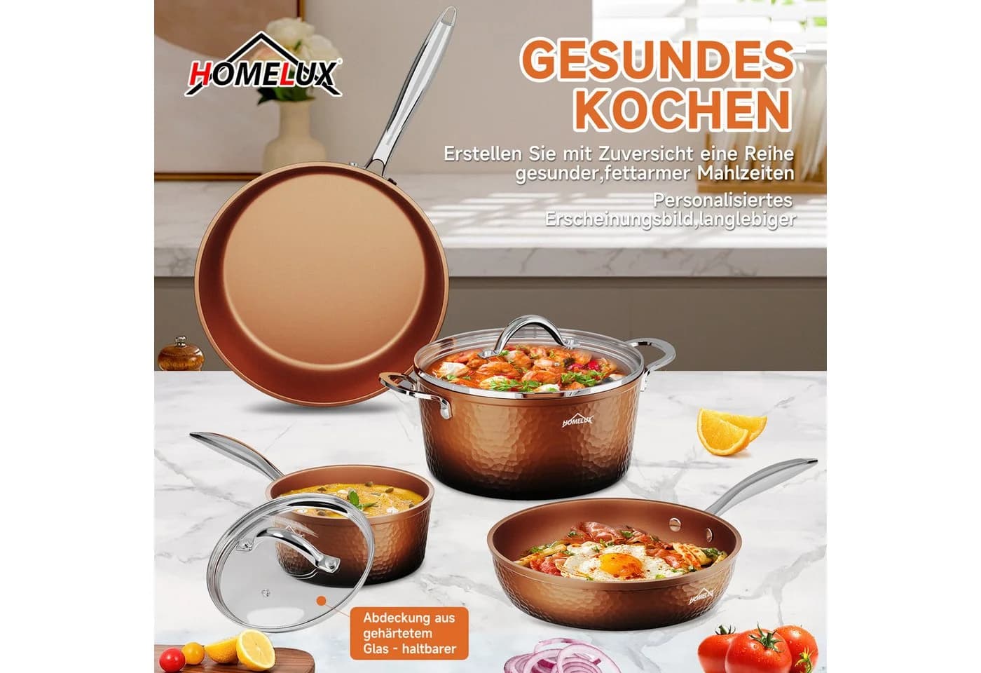 HOMELUX Topf-Set 6-tlg. Aluminiumguss mit Glasdeckel Induktion Gold - Bild 4