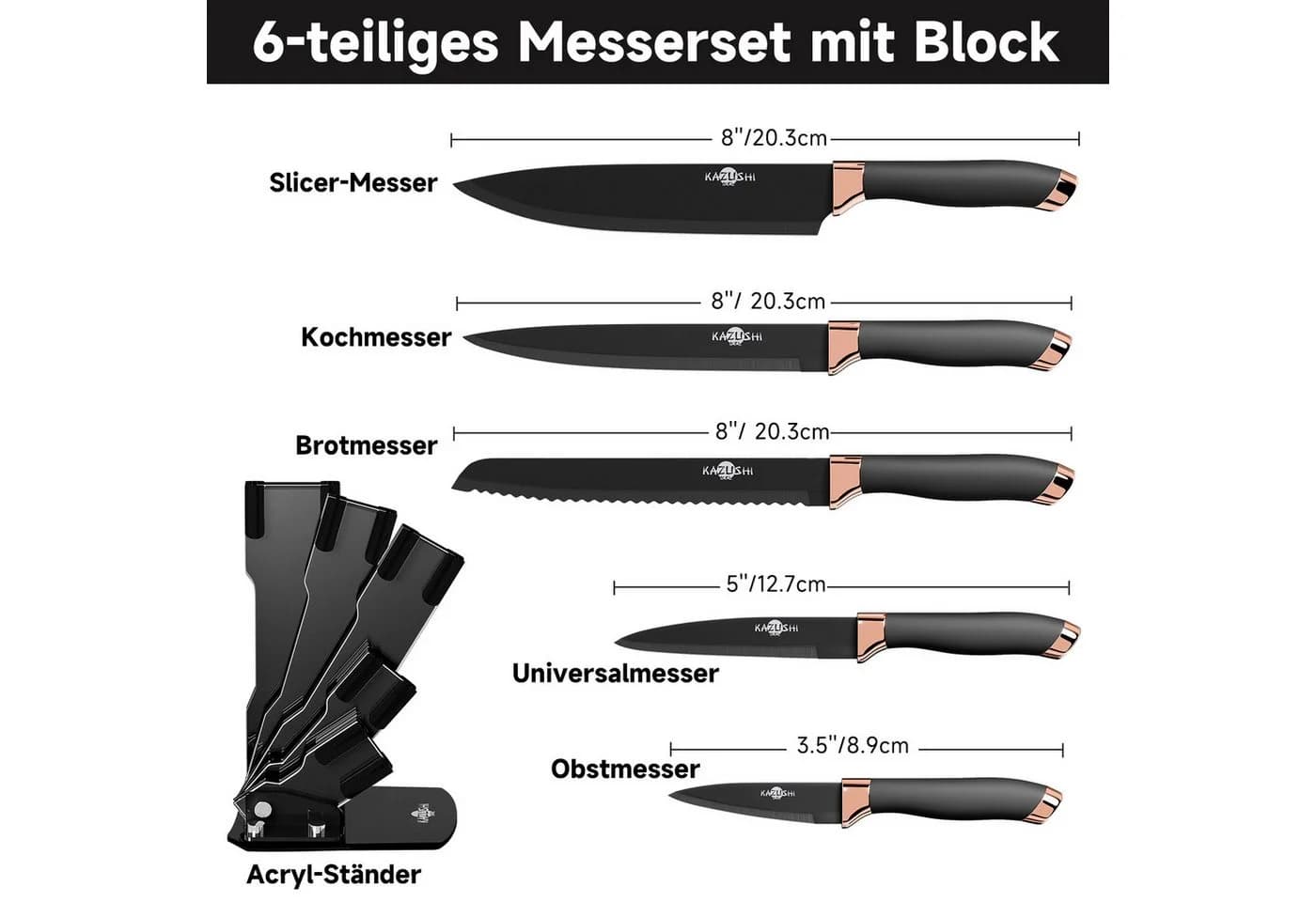 KAZUSHI Küchenmesser-Set 6-tlg. mit Acrylständer Schwarz Edelstahl