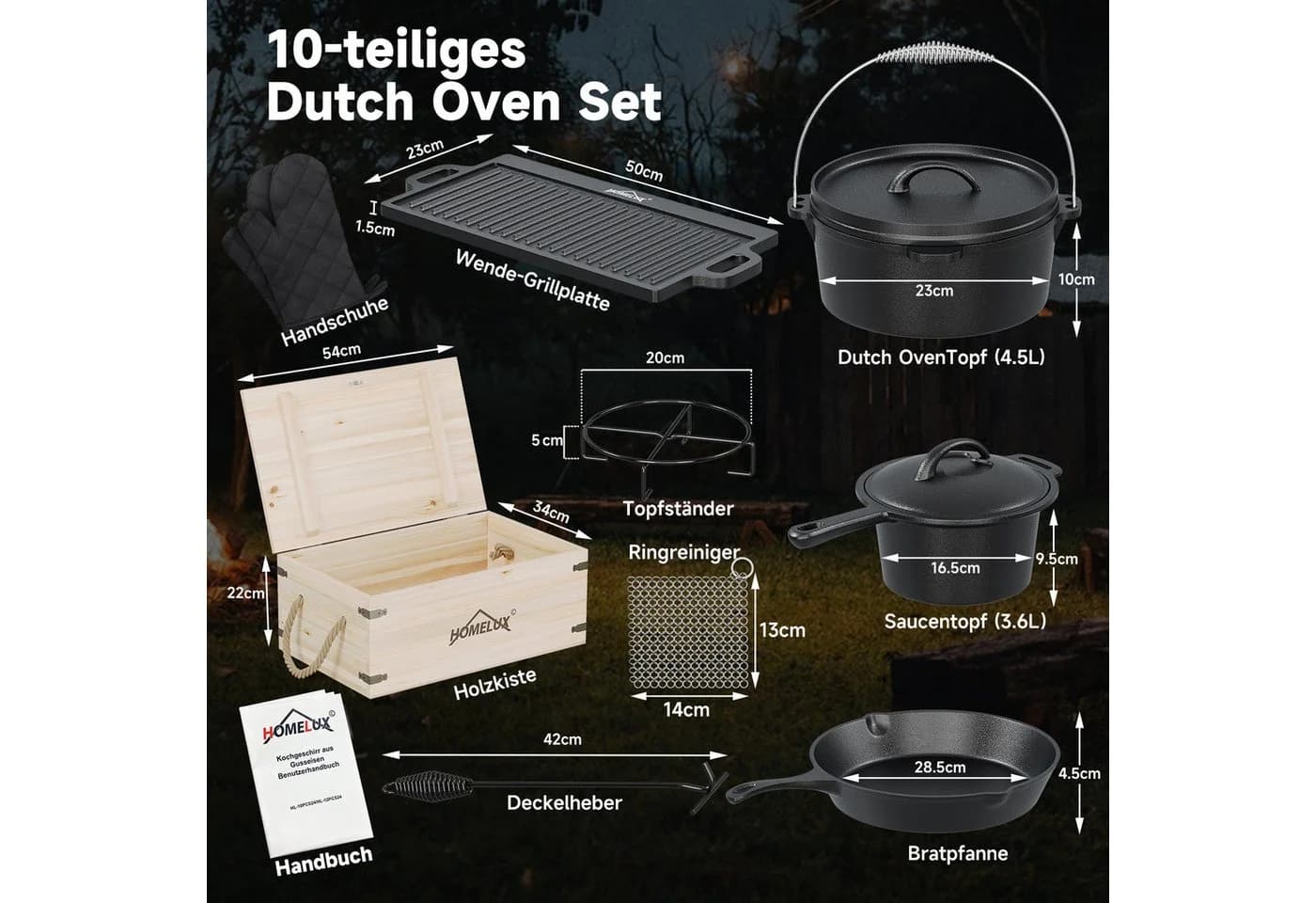 HOMELUX Topf-Set 10-tlg. Dutch Oven Gusseisen Set mit Holzkiste