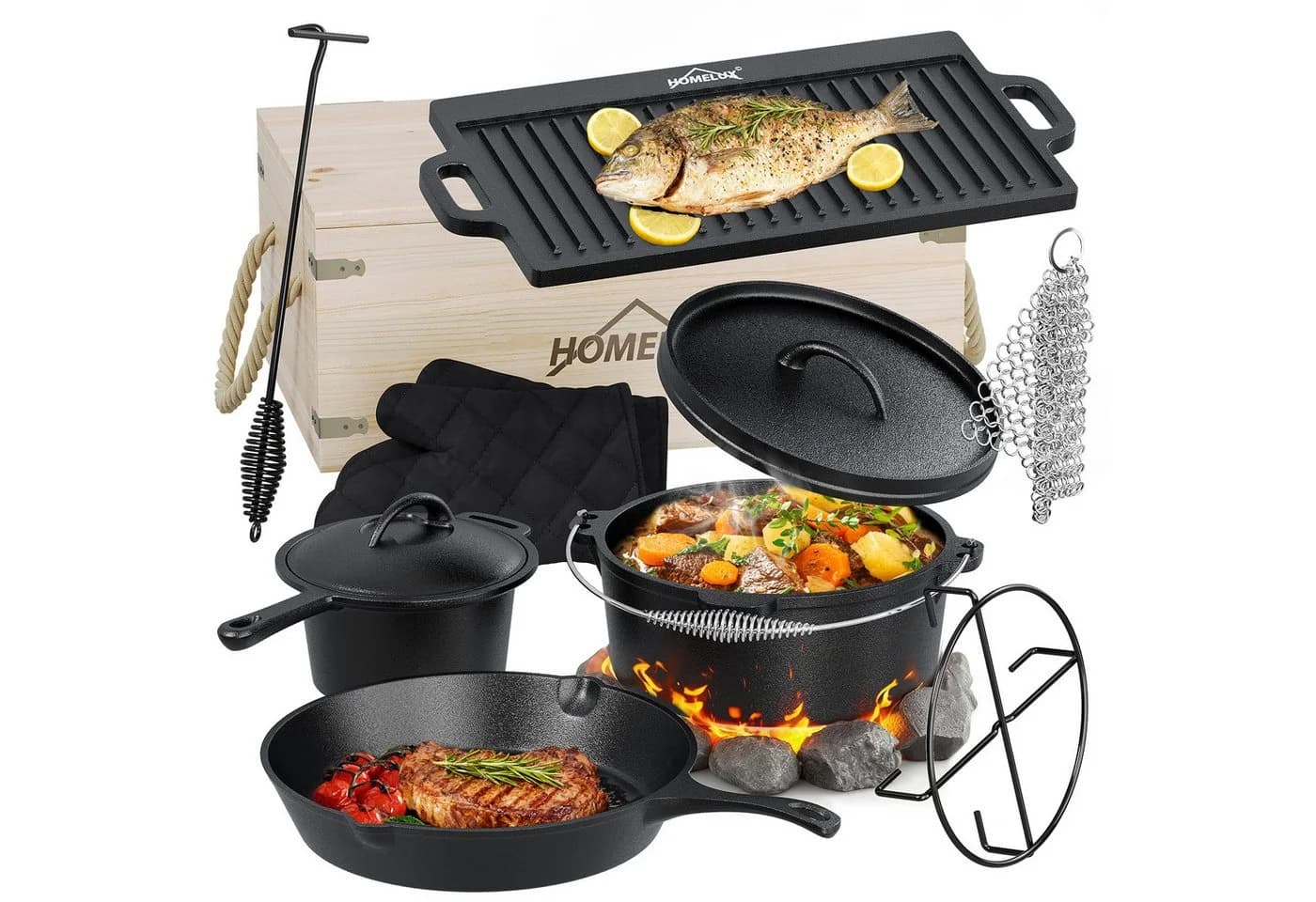 HOMELUX Topf-Set 10-tlg. Dutch Oven Gusseisen Set mit Holzkiste - Bild 2
