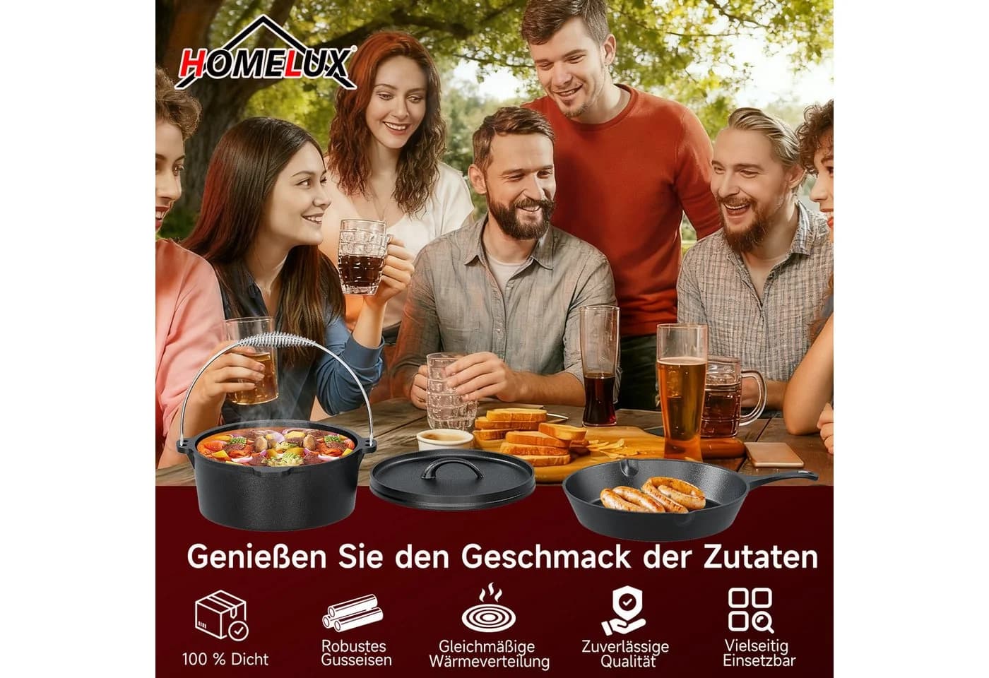 HOMELUX Topf-Set 10-tlg. Dutch Oven Gusseisen Set mit Holzkiste - Bild 4