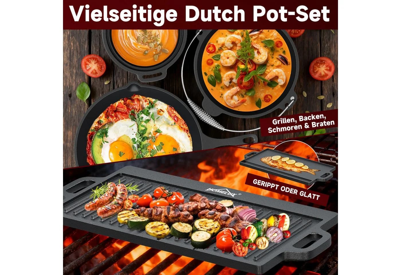 HOMELUX Topf-Set 10-tlg. Dutch Oven Gusseisen Set mit Holzkiste - Bild 5