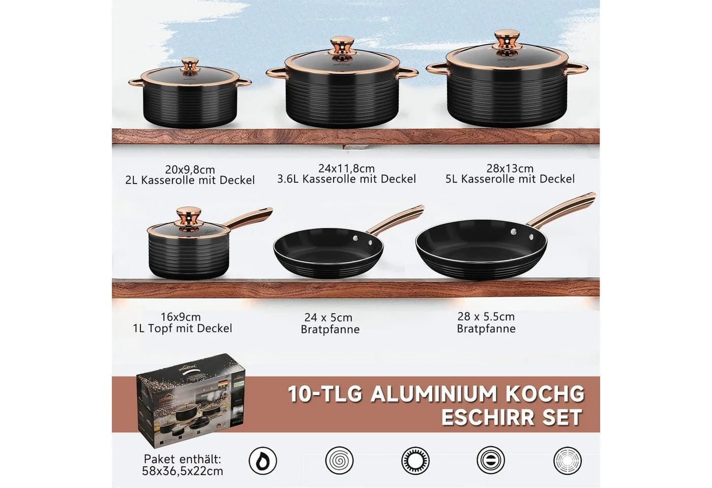 HOMELUX 10-tlg. Kochtopfset Rose Gold Aluminium Induktion