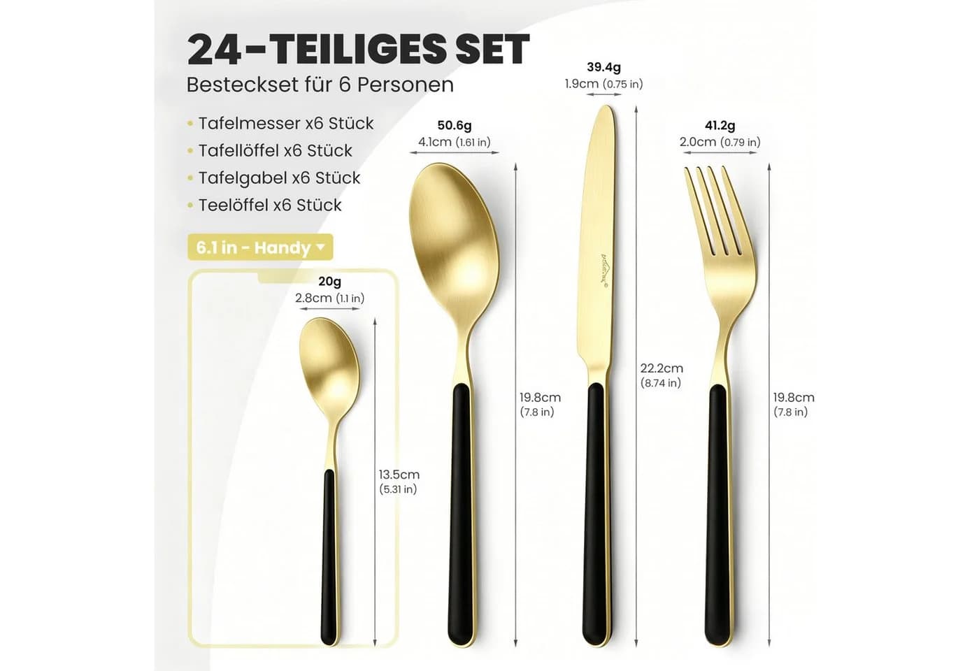 HOMELUX Besteck-Set 24tlg Gold Schwarz Edelstahl Titan-Beschichtung