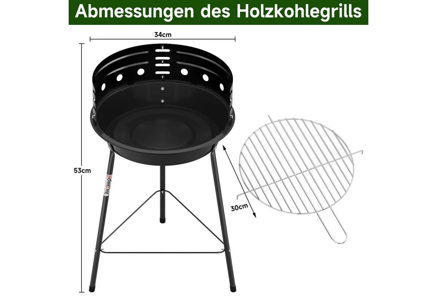 HOMELUX Holzkohlegrillwagen 30 cm Grillrost höhenverstellbar klappbar