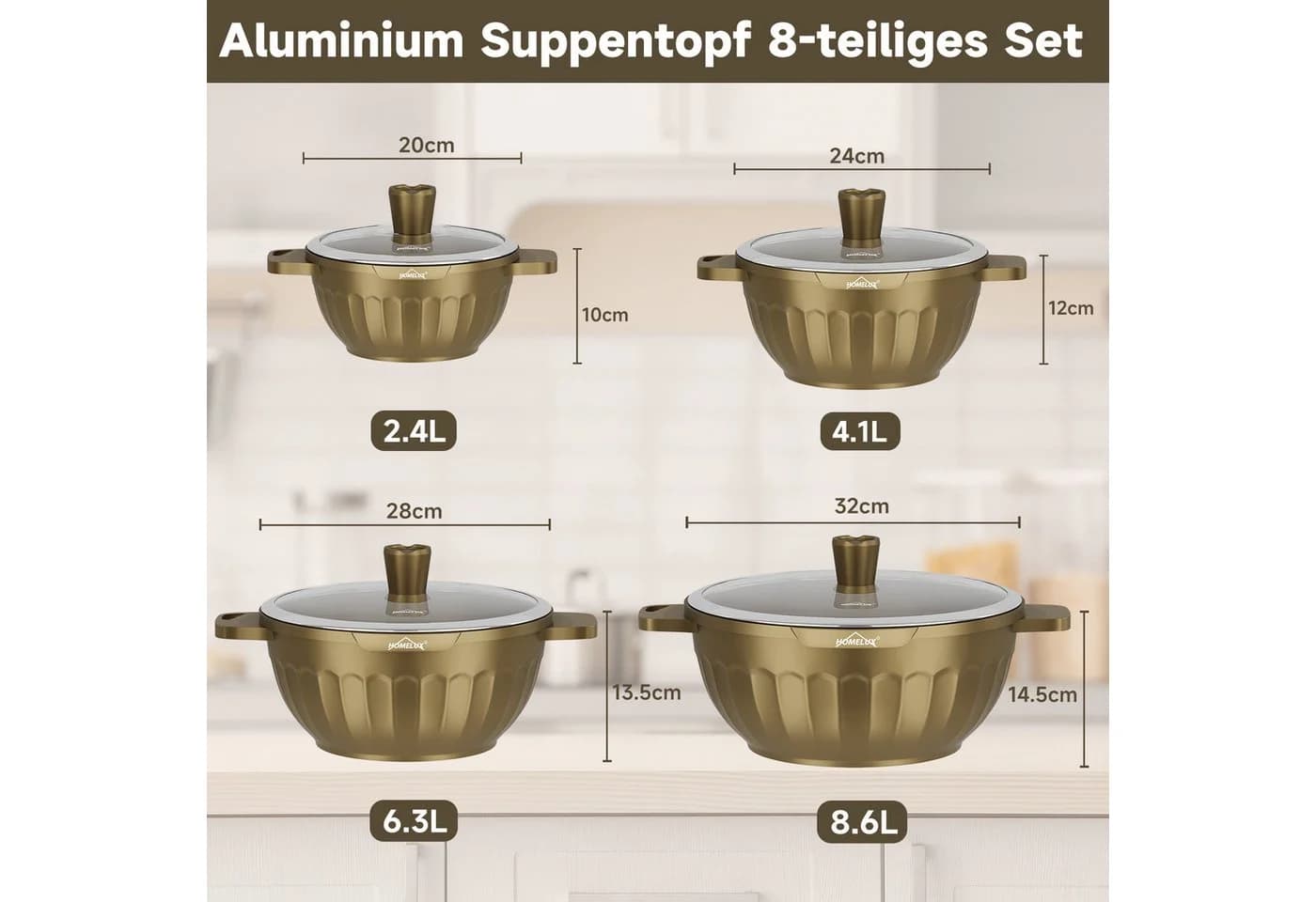 HOMELUX Topf-Set 8-tlg. Induktion Aluminium Antihaft braun