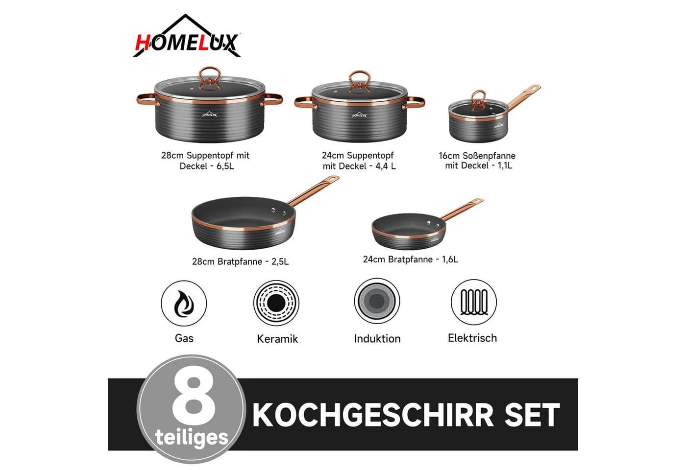 HOMELUX Topf-Set 8-teilig Aluminium Induktionsgeeignet