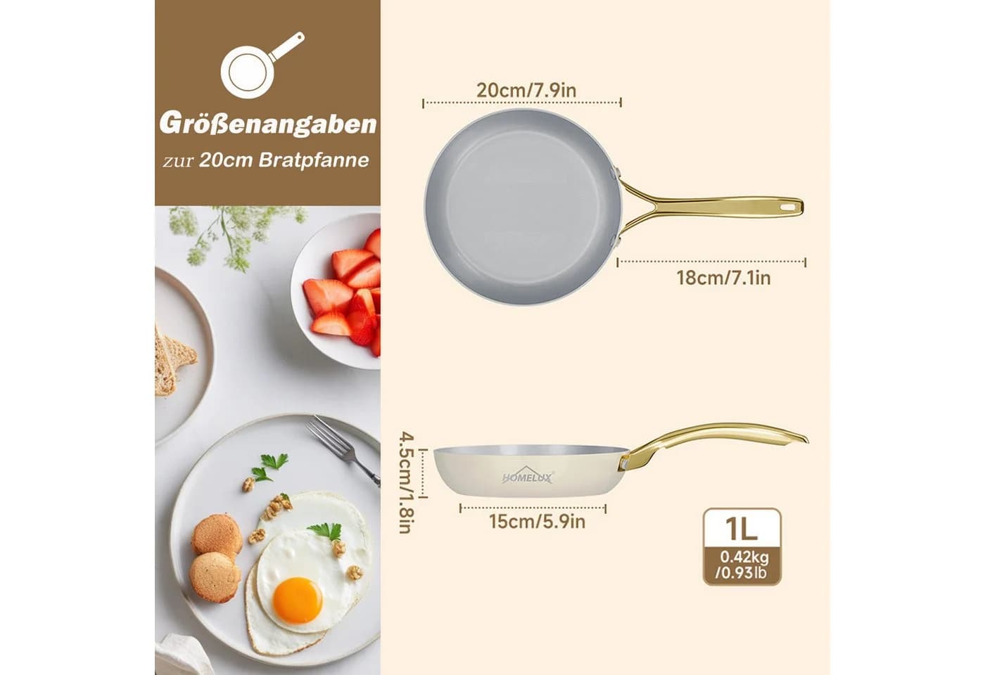 HOMELUX Bratpfanne Keramik 20 cm Induktion Edelstahlgriff Weiß/Grau