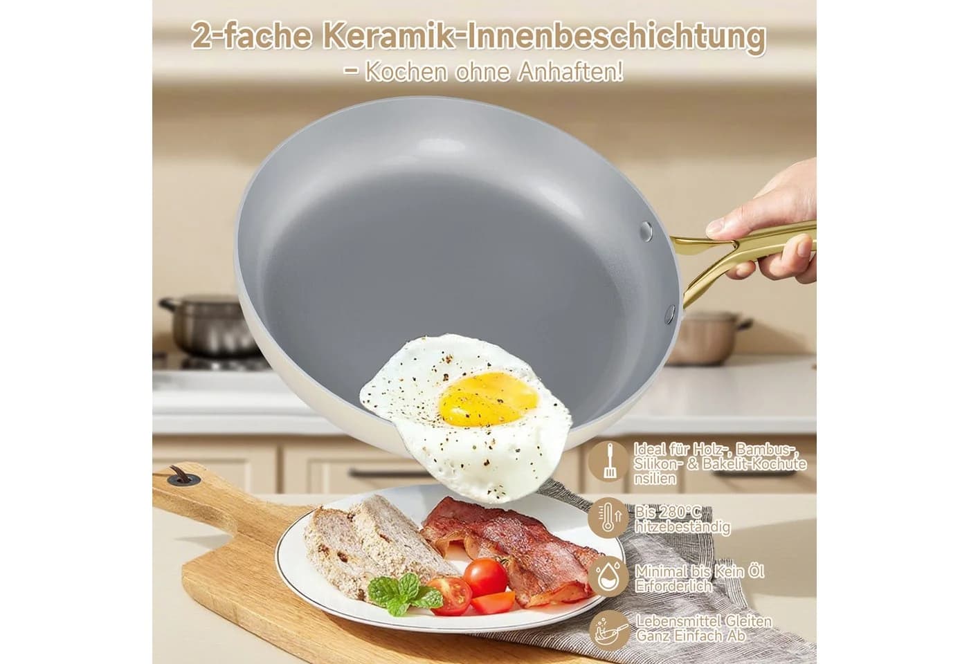 HOMELUX Bratpfanne Keramik 20 cm Induktion Edelstahlgriff Weiß/Grau - Bild 4