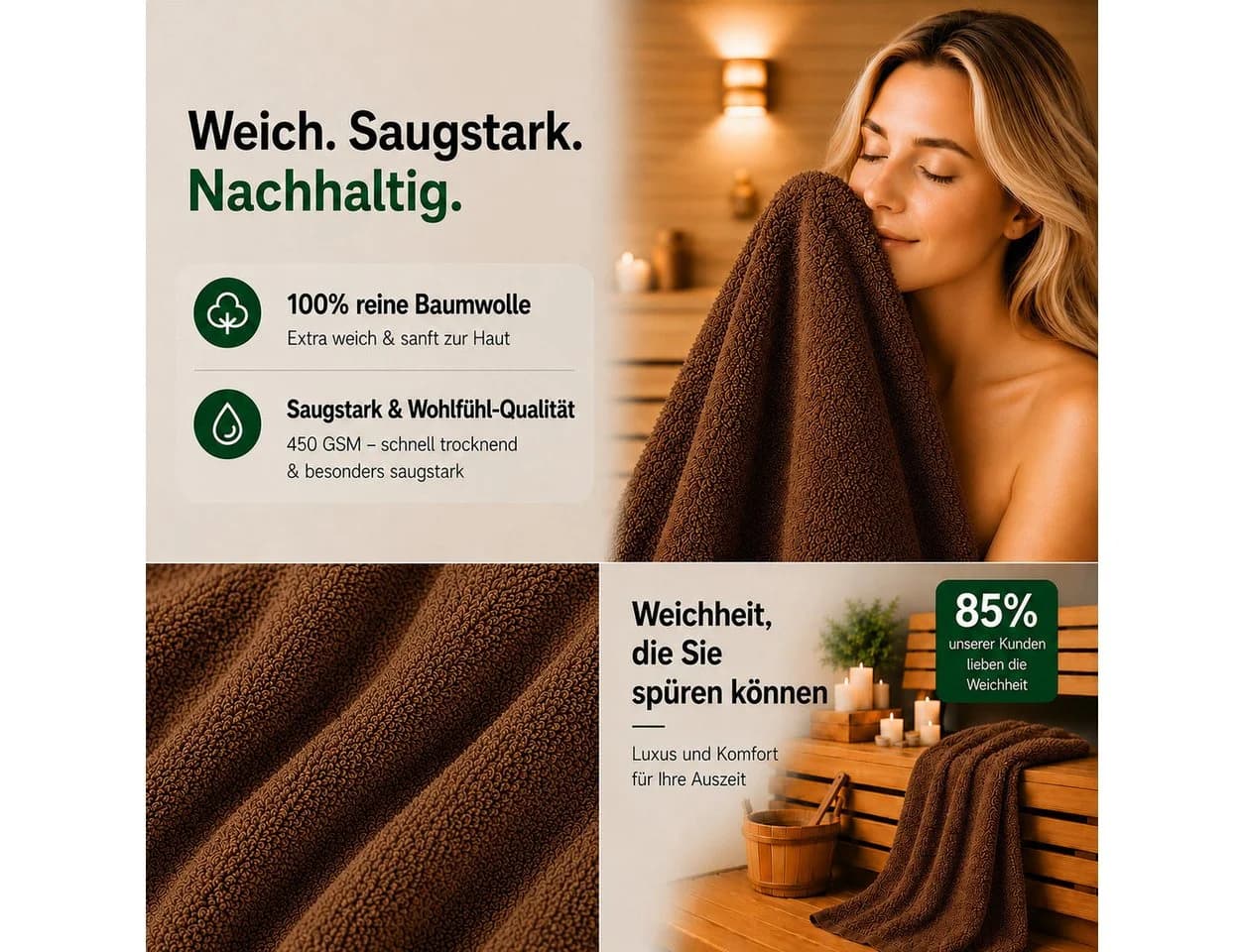 Komfortec Badetücher Premium 8-teiliges Set 100% Baumwolle Beige/Braun