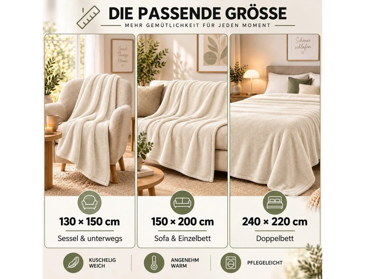 Komfortec Wohndecke Flauschige Kuscheldecke Ecru Oeko-TEX