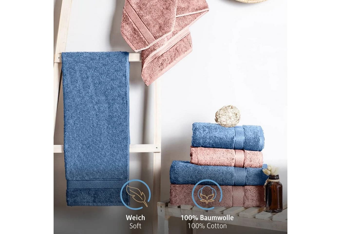 Komfortec Badetücher 4-tlg. 100% Baumwolle Frottee Rosa/Blau