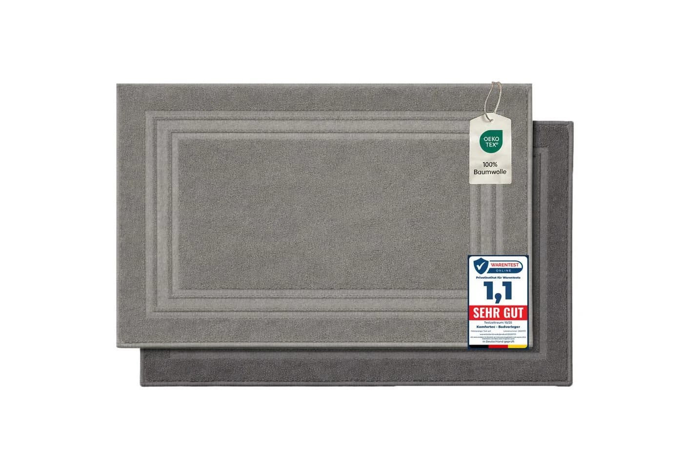 Komfortec Badematte 2er Set 100% Baumwolle Frottee Anthrazit Silber - Bild 2