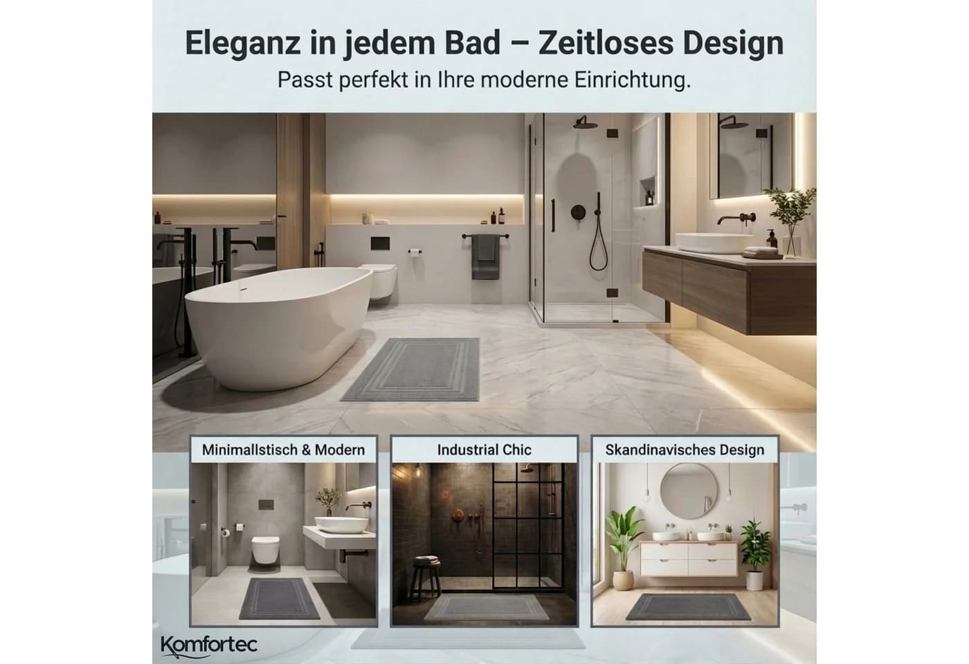 Komfortec Badematte 2er Set 100% Baumwolle Frottee Anthrazit Silber - Bild 5