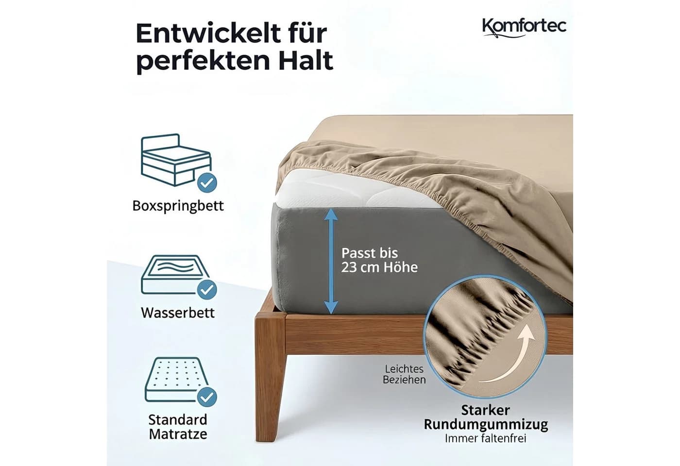 Komfortec Jersey Spannbettlaken, 100% Baumwolle, Rundum-Gummizug