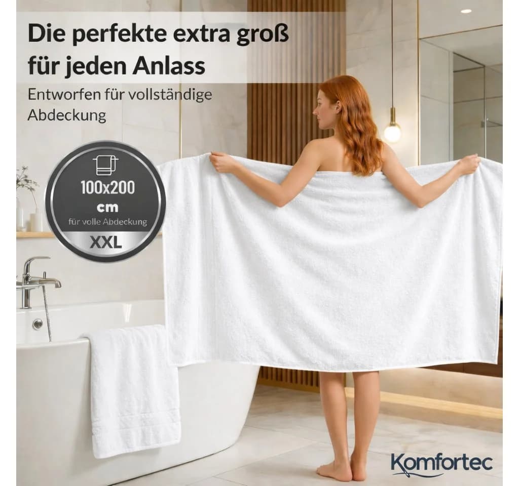 Komfortec Saunatuch 100x200 cm Badetuch aus 100% Baumwolle, Frottee, Weiß