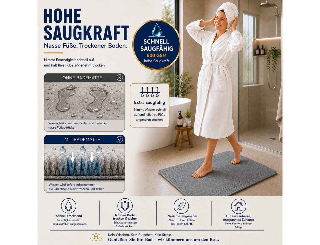 Komfortec 2er Badetuch Set 100% Baumwolle Grau 50x70 cm