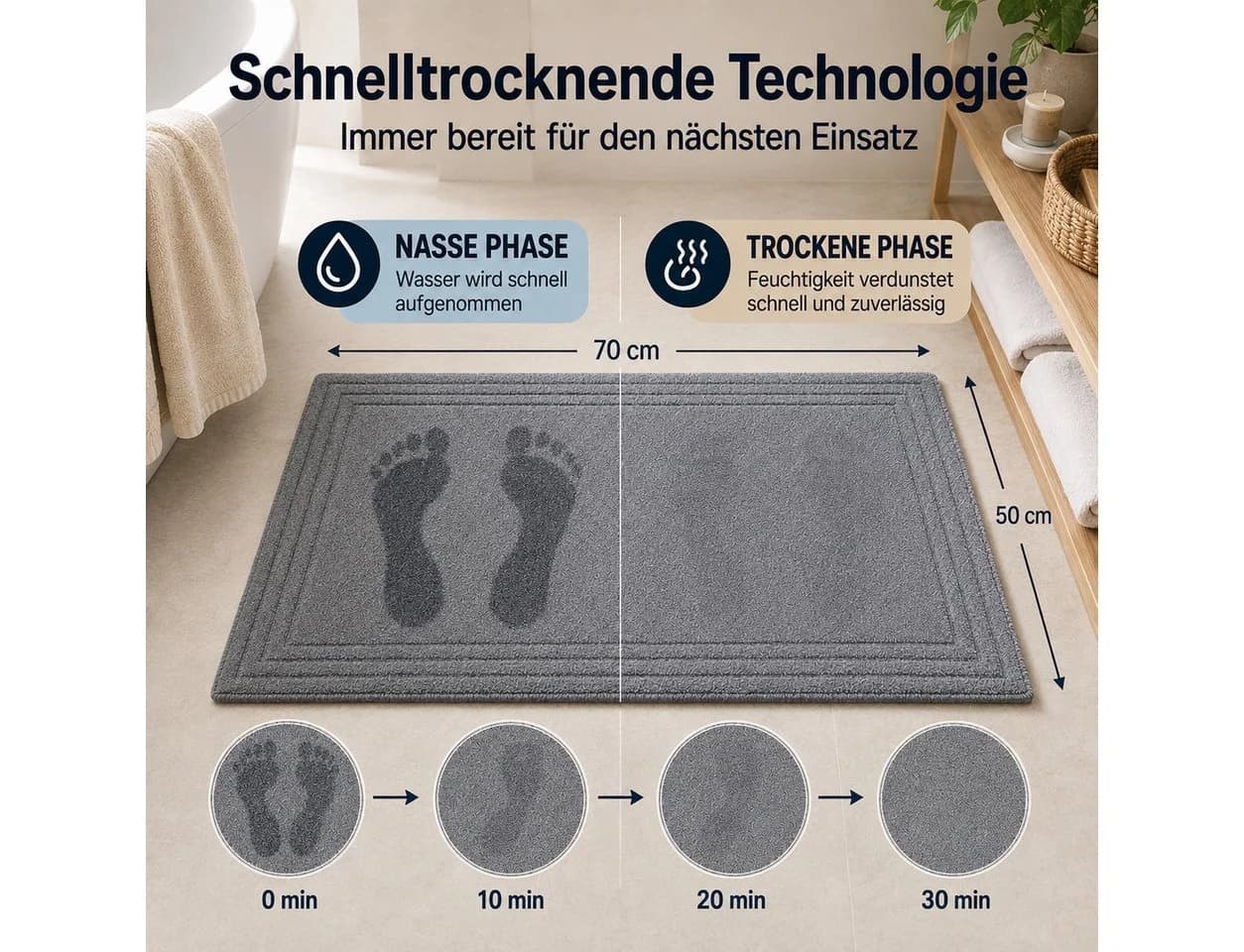 Komfortec 2er Badetuch Set 100% Baumwolle Grau 50x70 cm - Bild 3