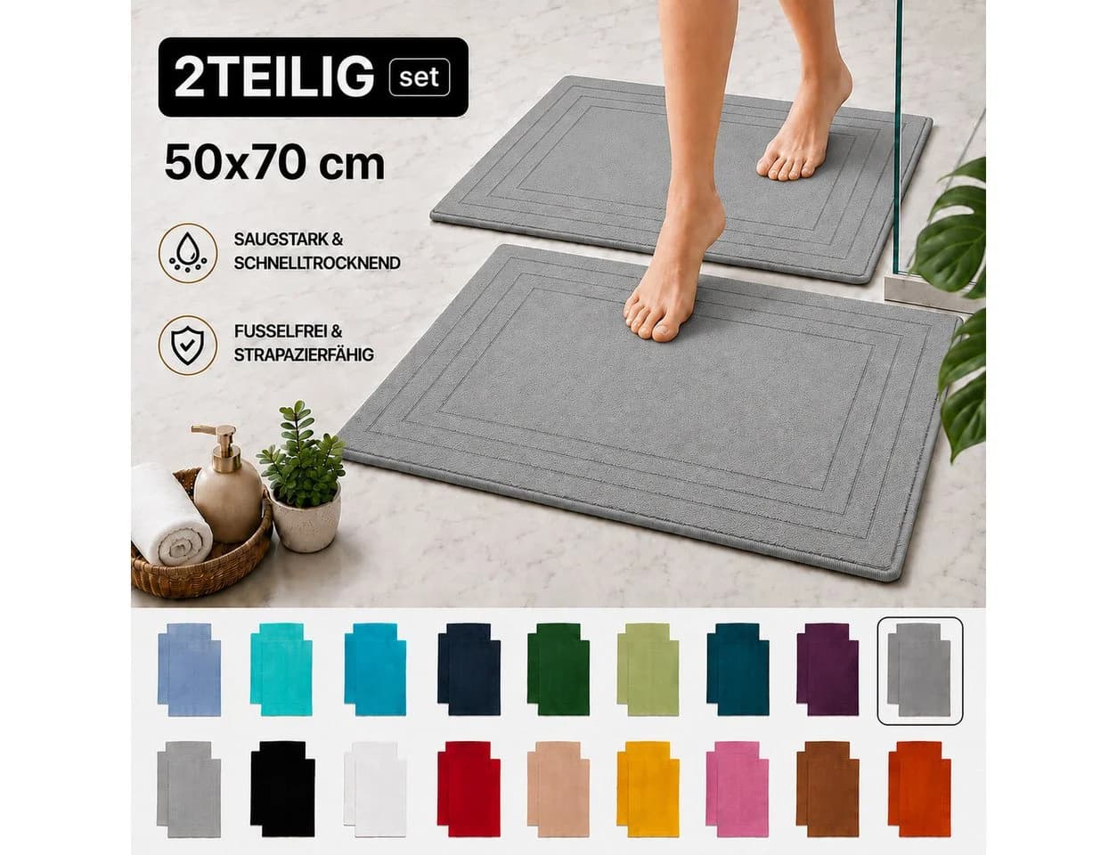 Komfortec 2er Badetuch Set 100% Baumwolle Grau 50x70 cm - Bild 5