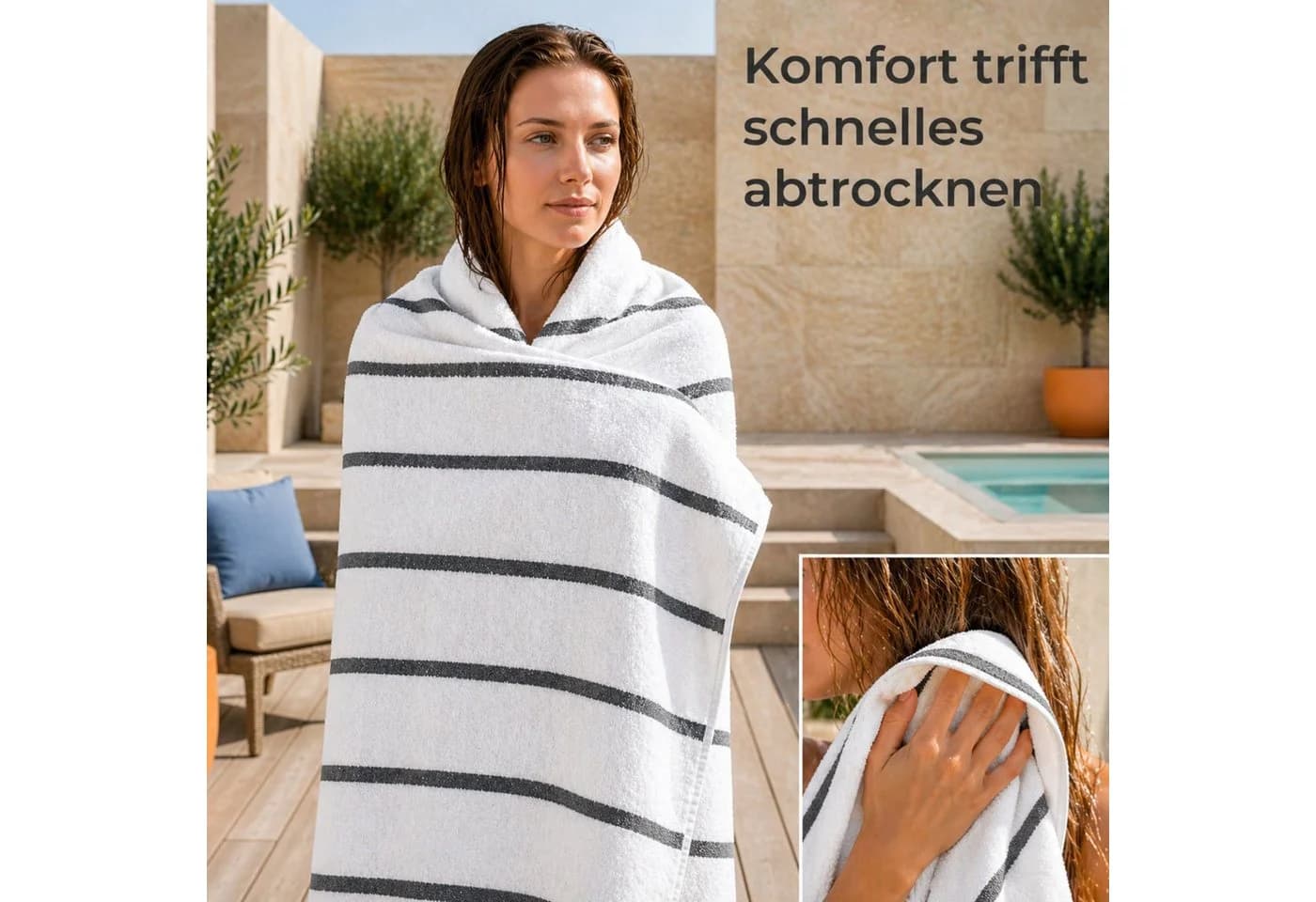 Komfortec Strandtuch Grau Streifen 100x180 cm Baumwolle - Bild 5