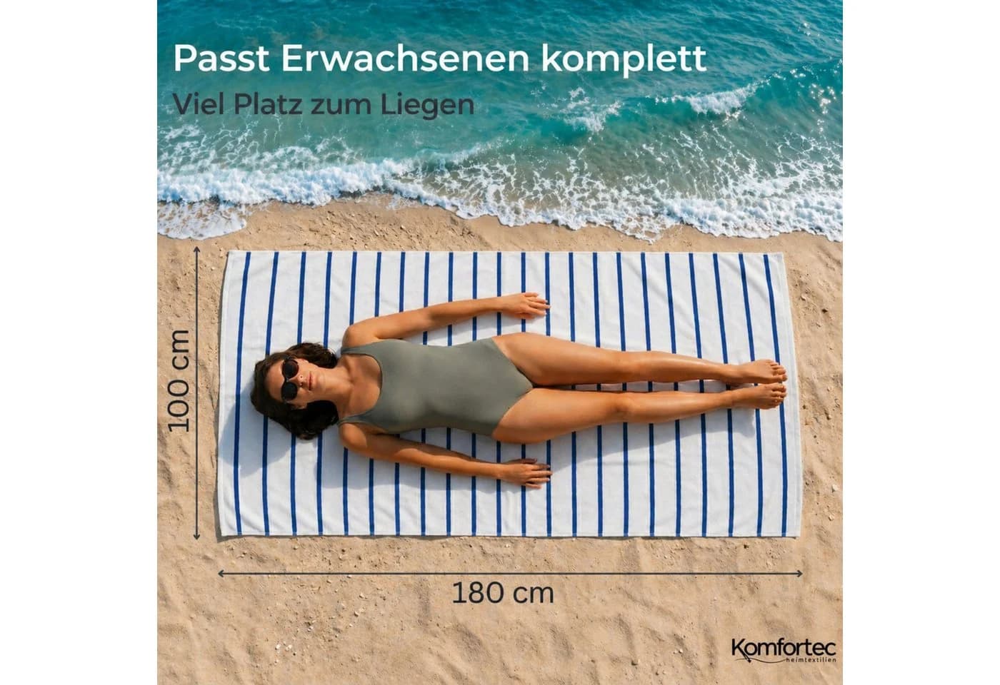 Komfortec Strandtuch 100x180 cm Blau Frottee Baumwolle - Bild 1