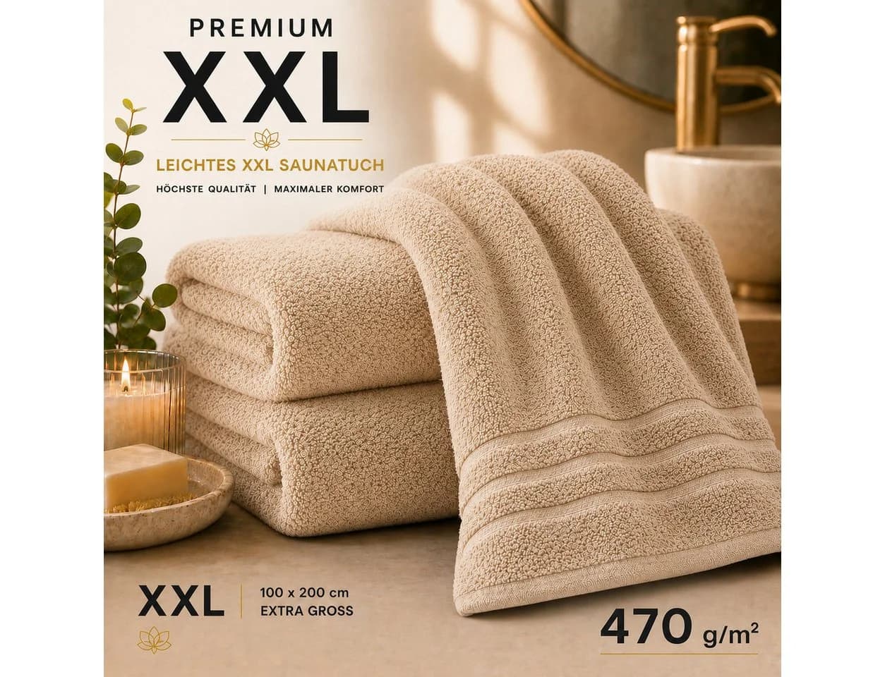 Komfortec Saunatuch XXL Beige 100x200 cm Baumwolle