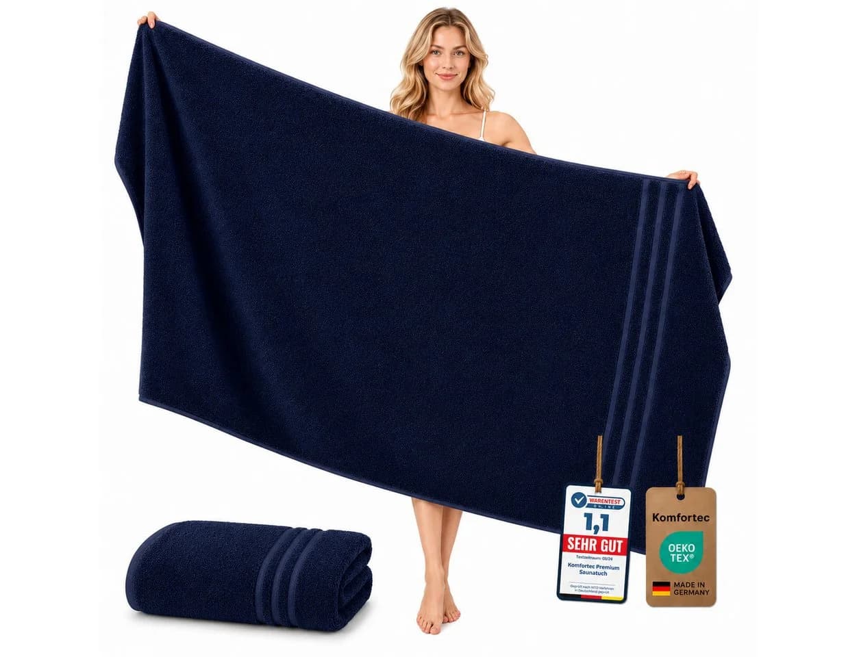 Komfortec Saunatuch XXL 100x200 cm Baumwolle Blau Frottee - Bild 2