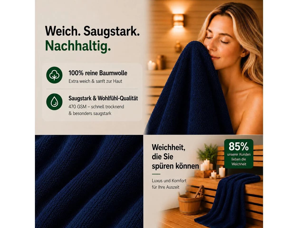 Komfortec Saunatuch XXL 100x200 cm Baumwolle Blau Frottee - Bild 5