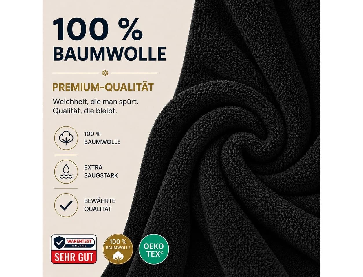 Komfortec Saunatuch XXL Schwarz 100x200 cm Baumwolle Frottee - Bild 3